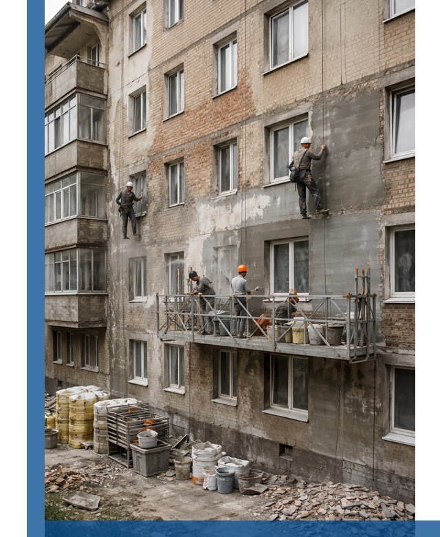 Капитальный ремонт фасада в Ханты-Мансийске с восстановлением и гидроизоляцией