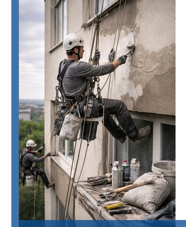Косметический ремонт фасада зданий в Ханты-Мансийске промышленными альпинистами