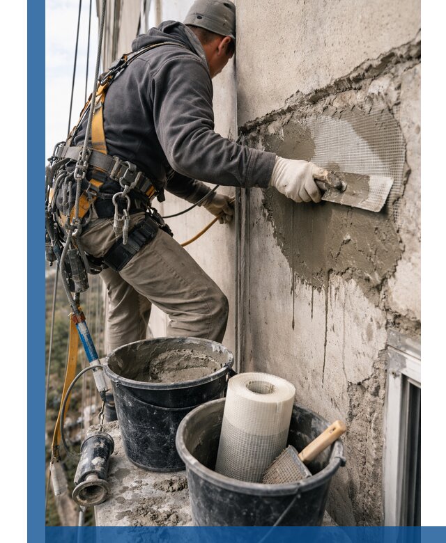 Ремонт бетонных элементов фасада промышленными альпинистами в Ханты-Мансийске