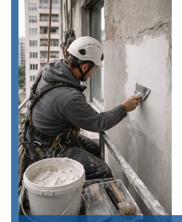 Шпаклевка фасадов на высоте с промальпинистами в Ханты-Мансийске