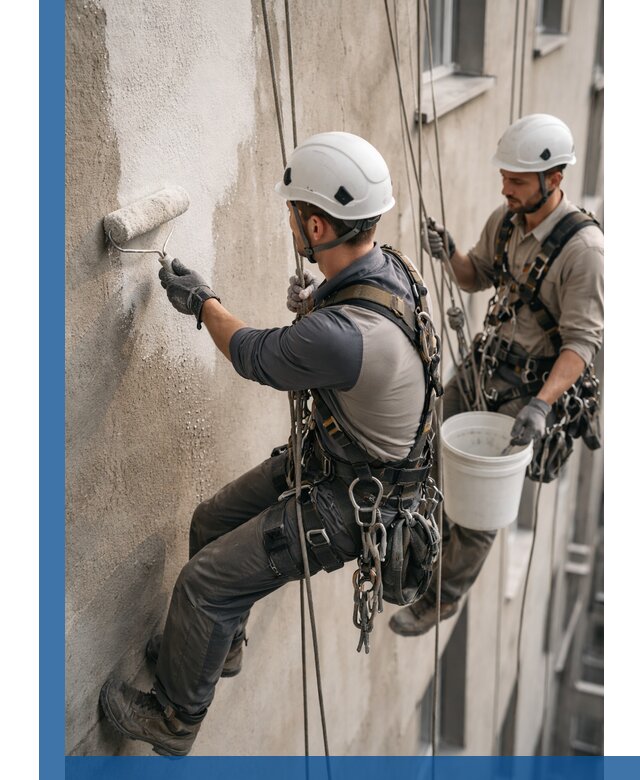 Грунтовка фасада на высоте в Ханты-Мансийске промышленными альпинистами