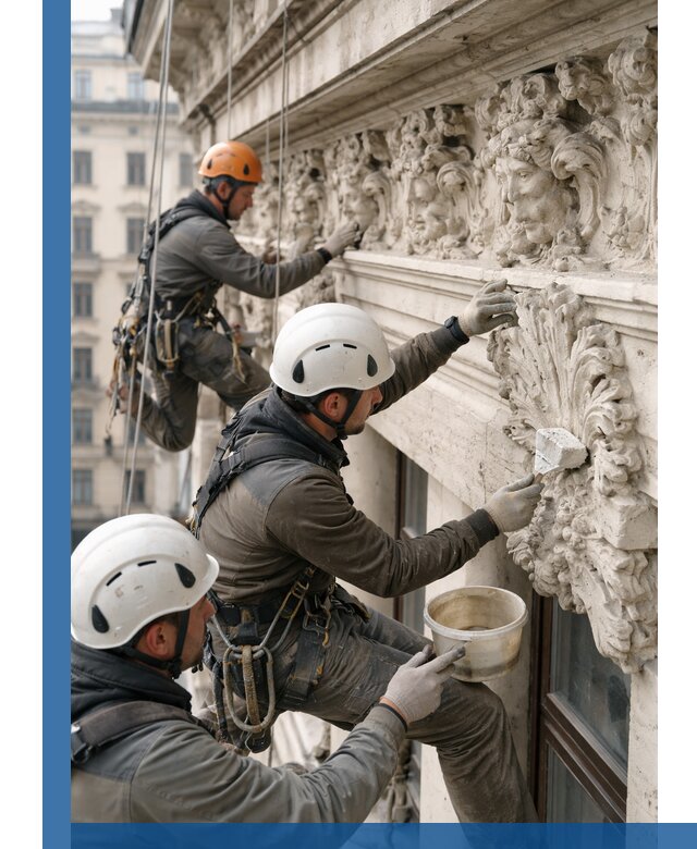 Реставрация фасадной лепнины с высотными работами в Ханты-Мансийске