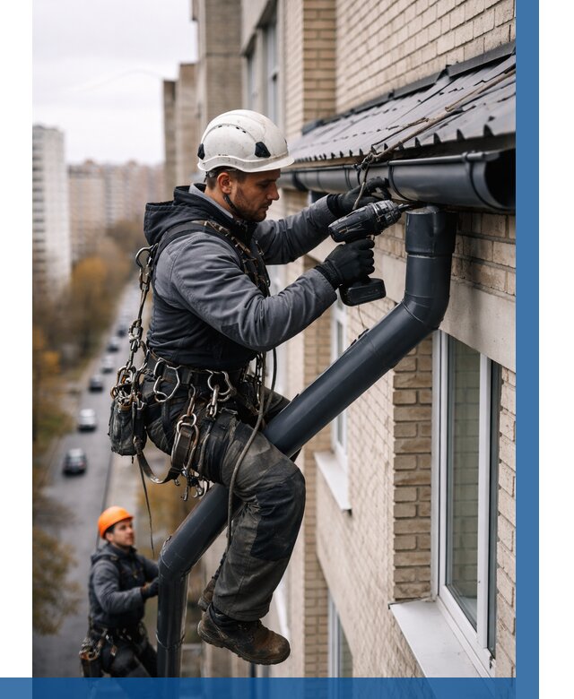 Монтаж водосточной системы на здании в Ханты-Мансийске от 5105 р. | ВЫСОТНИК-Хнт