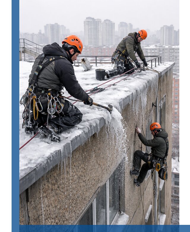 Удаление наледи с кровли в Ханты-Мансийске промышленными альпинистами