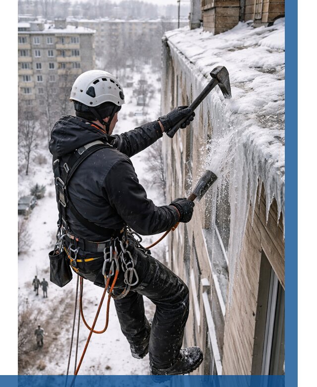 Сбивание сосулек с крыши в Ханты-Мансийске по цене от 4594 р. | ВЫСОТНИК-Хнт