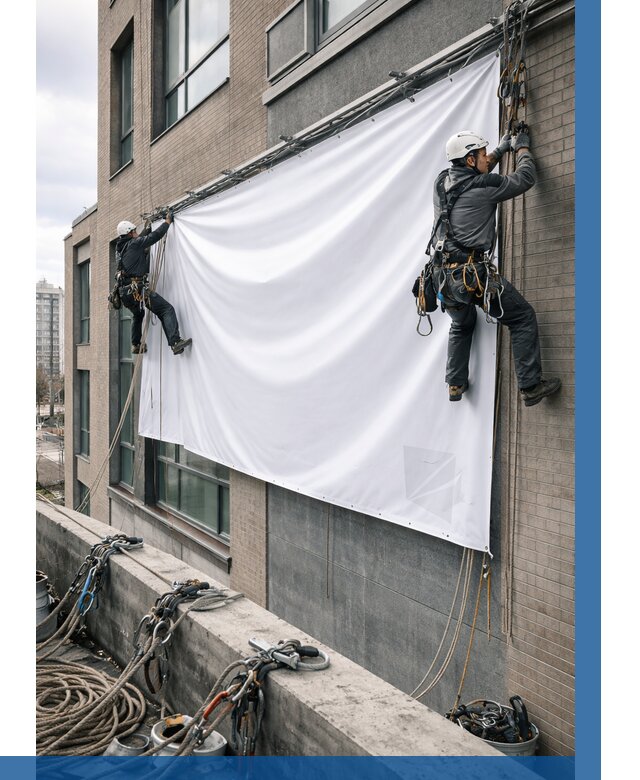 Монтаж баннеров на фасаде в Ханты-Мансийске от 664 р. заказать ВЫСОТНИК-Хнт