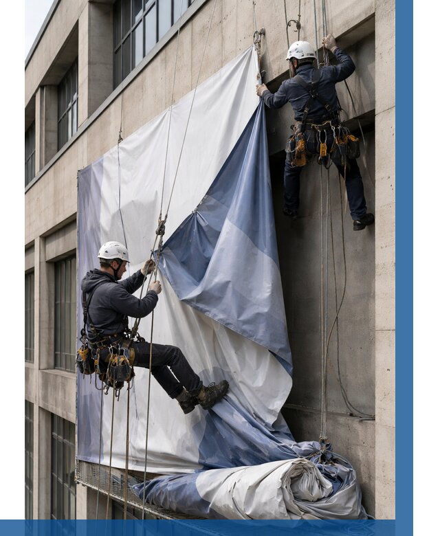 Демонтаж баннеров с фасада в Ханты-Мансийске от 4594 р. | ВЫСОТНИК-Хнт