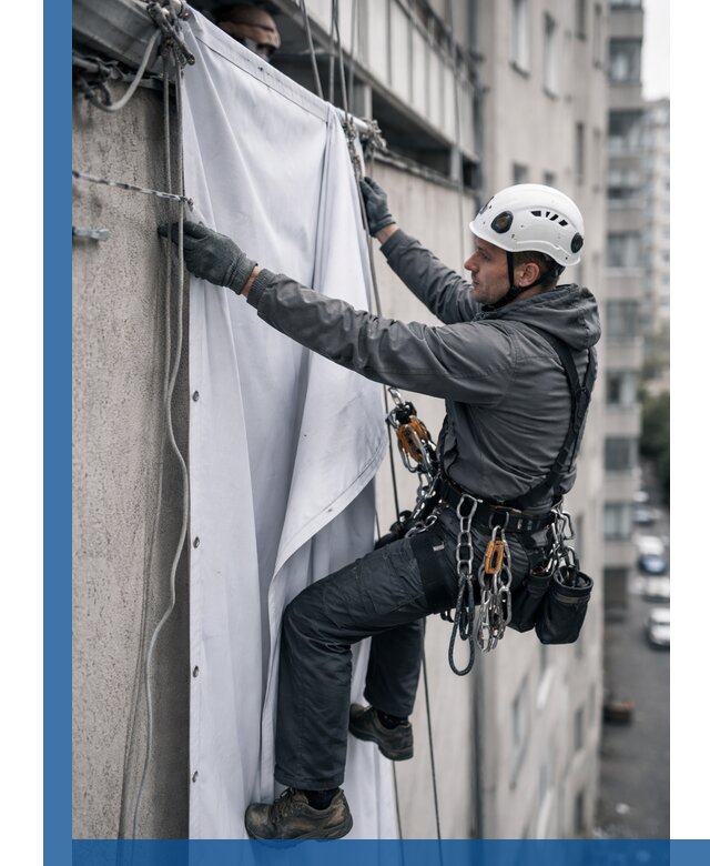 Замена баннерного полотна промышленными альпинистами в Ханты-Мансийске