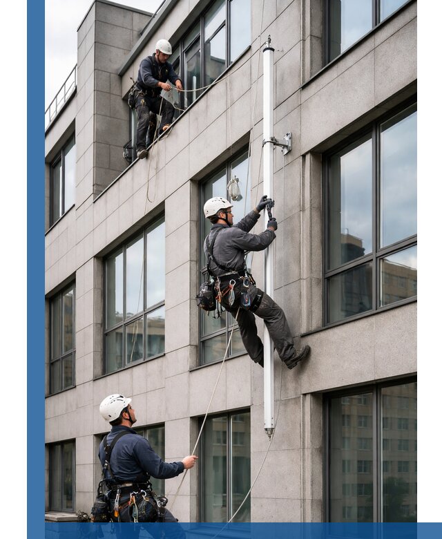 Монтаж флагштока на фасаде здания с креплением и герметикой в Ханты-Мансийске