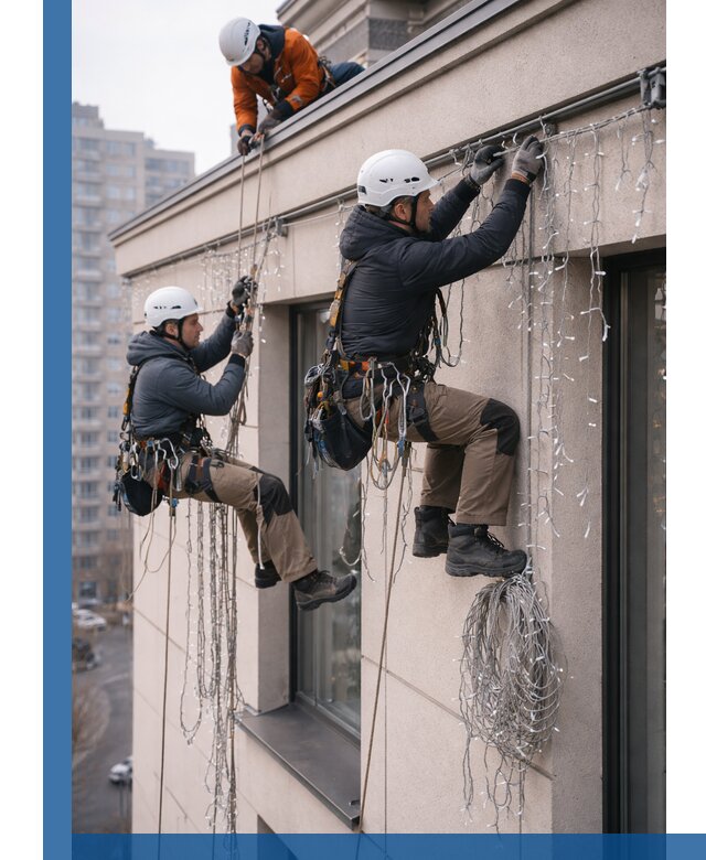 Монтаж праздничных гирлянд на фасаде в Ханты-Мансийске для зданий