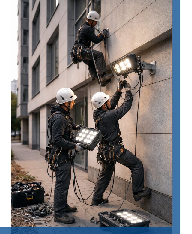 Монтаж прожекторов на фасаде в Ханты-Мансийске от 7657 р. | ВЫСОТНИК-Хнт