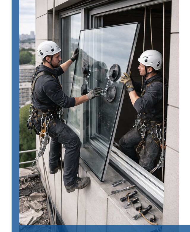 Замена стеклопакетов на высоте с промышленными альпинистами в Ханты-Мансийске