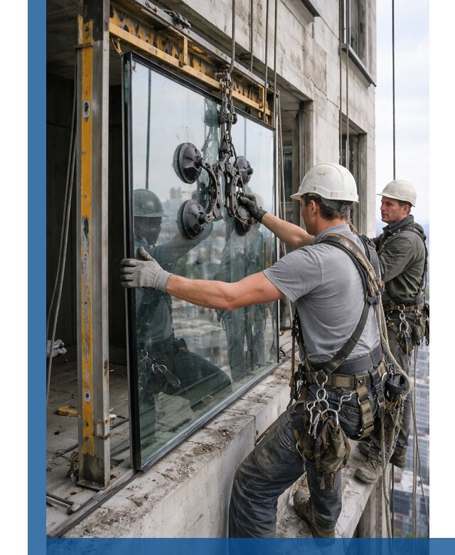 Монтаж стеклопакетов на высоте в Ханты-Мансийске с промышленным альпинизмом