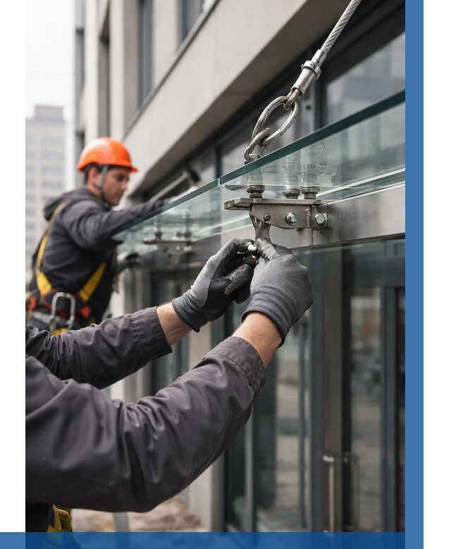 Монтаж стеклянных козырьков в Ханты-Мансийске от 8678 р. | ВЫСОТНИК-Хнт