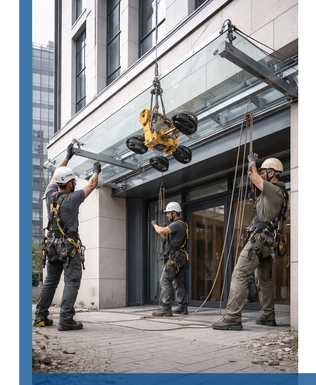 Монтаж стеклянных козырьков под ключ в Ханты-Мансийске для зданий