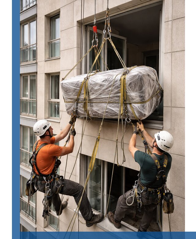 Подъем грузов через окно в Ханты-Мансийске промышленными альпинистами