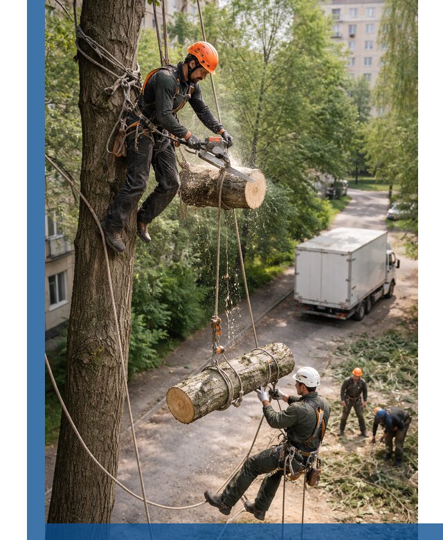Спил деревьев альпинистами в Ханты-Мансийске, безопасно и без повреждений