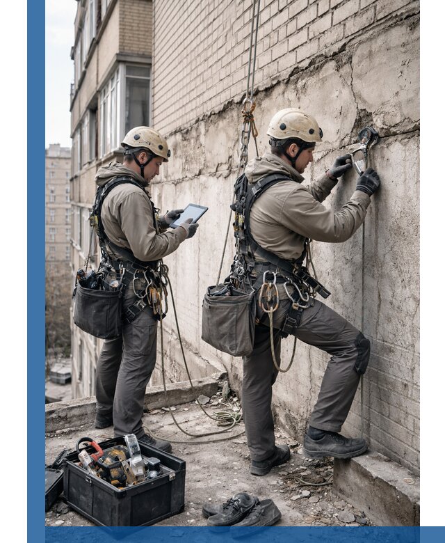 Обследование фасада промышленными альпинистами в Ханты-Мансийске